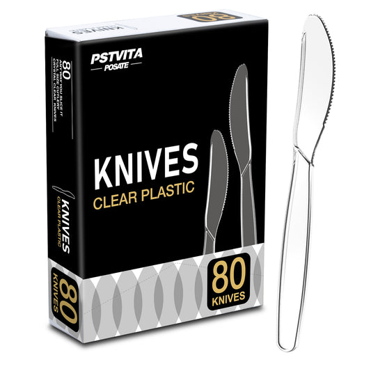PSTVITA Plastic Knives Heavy Duty, Clear Disposable Party Supply, Pack of 80