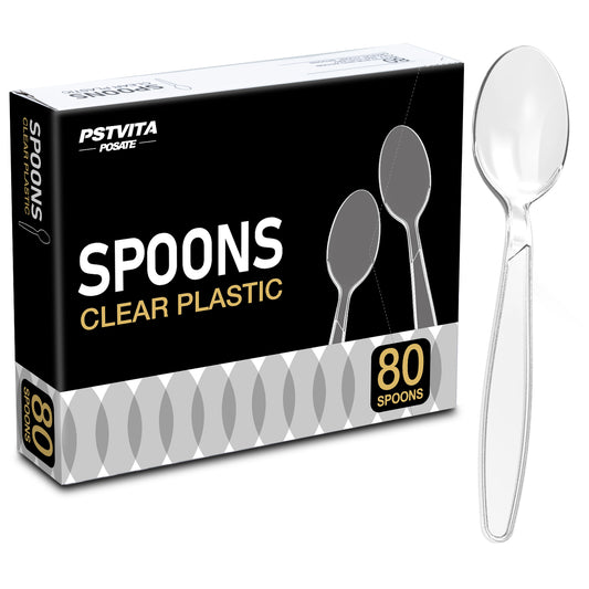 Plastic Spoons Disposable, Clear Heavy Duty Party Supply, Pack of 80