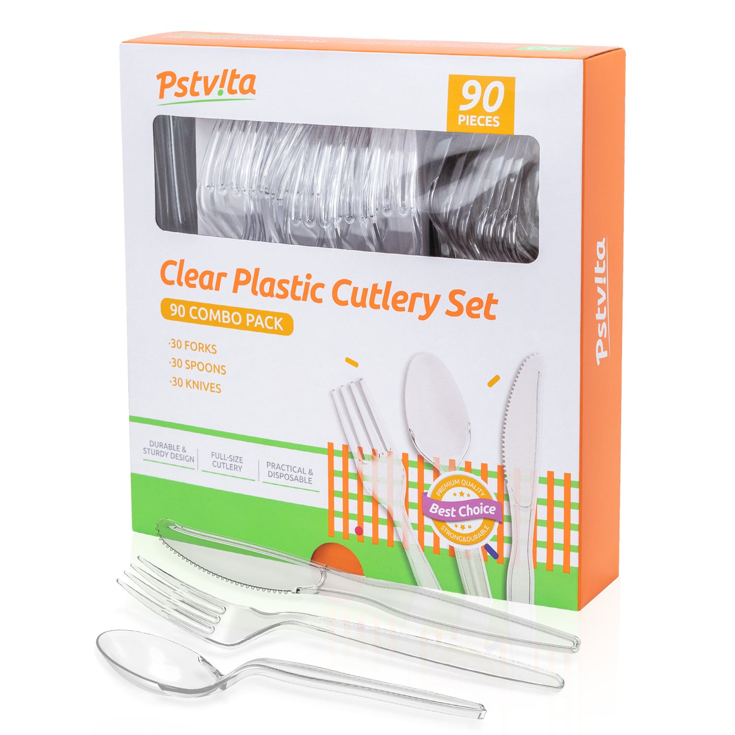 PSTVITA Heavy Duty Plastic Cutlery Set - Disposable 30 Forks 30 Spoons 30 Knives, Clear, Pack of 90