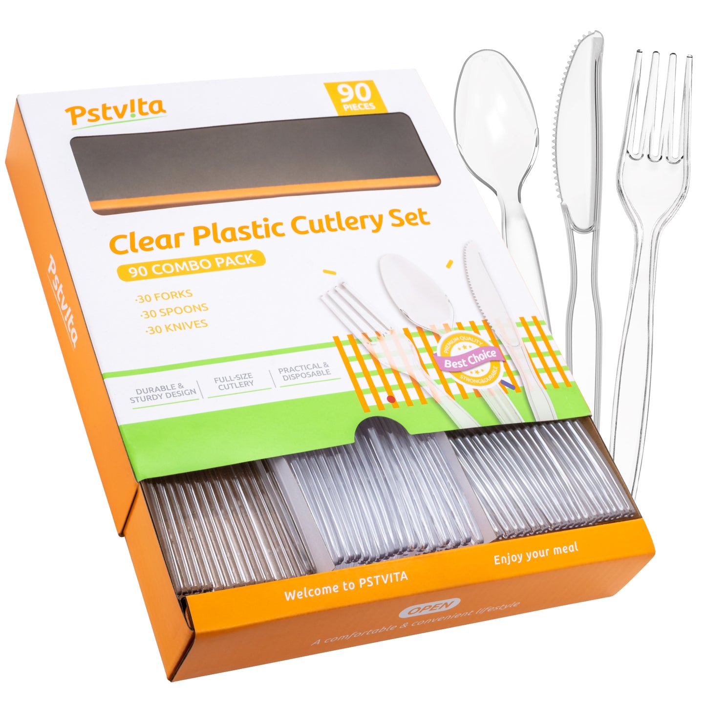 PSTVITA Heavy Duty Plastic Cutlery Set - Disposable 30 Forks 30 Spoons 30 Knives, Clear, Pack of 90